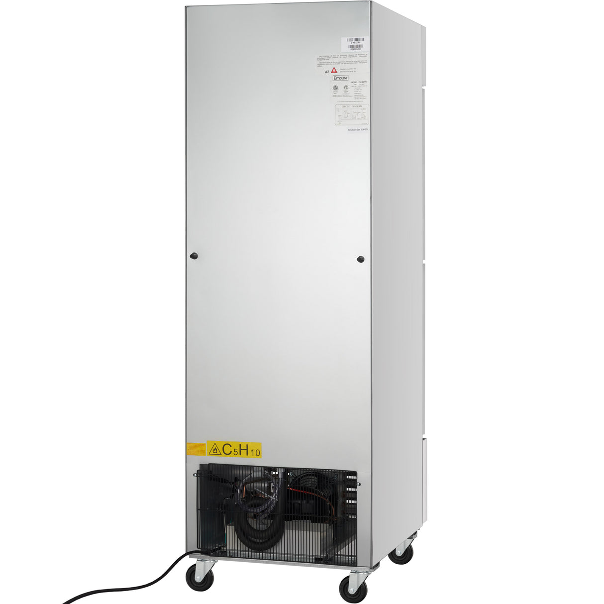 A tall, rectangular metal appliance on four black wheels, with a lower compartment showing mechanical components and a black power cord. This unit, labeled with a gas warning, appears to be an Empura Refrigeration commercial refrigerator.