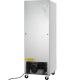 A tall, rectangular metal appliance on four black wheels, with a lower compartment showing mechanical components and a black power cord. This unit, labeled with a gas warning, appears to be an Empura Refrigeration commercial refrigerator.