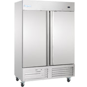 A large Empura E-KB54R reach-in refrigerator features two tall doors, a digital display on the top right, vented panels at the bottom, and four wheels for mobility. The brand name Empura is visible on the upper left corner.