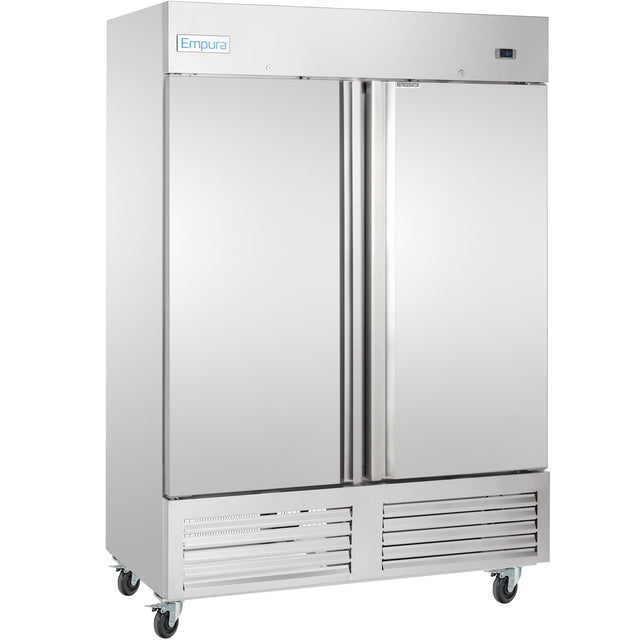 A large Empura E-KB54R reach-in refrigerator features two tall doors, a digital display on the top right, vented panels at the bottom, and four wheels for mobility. The brand name Empura is visible on the upper left corner.