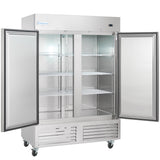 A large Empura E-KB54R reach-in refrigerator with double doors open, showing empty wire shelves inside. The commercial refrigeration unit features a digital display, bottom vents, wheels for mobility, and the Empura brand on the top left.