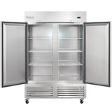 The Empura E-KB54R reach-in refrigerator features two open doors and three empty wire shelves. This commercial refrigeration unit, labeled “Empura,” is on wheels for mobility and has vents and control panels at the bottom.