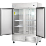 A large Empura E-KB54R commercial reach-in refrigerator with both doors open reveals multiple adjustable wire shelves inside. The stainless steel unit is on wheels for mobility, with a control panel and the Empura brand label visible at the top.