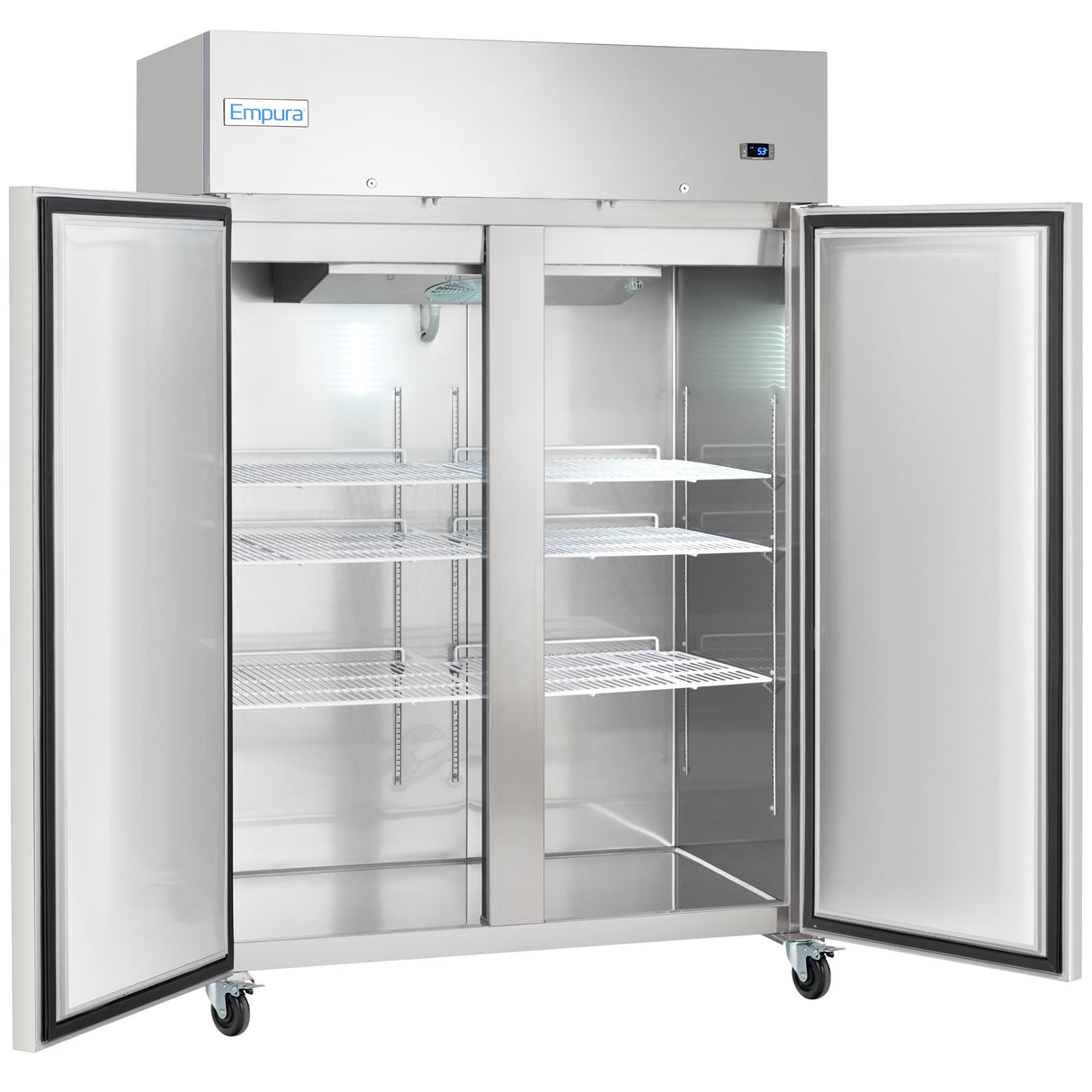 A large Empura Refrigeration commercial refrigerator with two open doors reveals multiple empty white wire shelves. The reach-in refrigerator is equipped with four caster wheels, a digital display, and “Empura” branding on the top left corner.