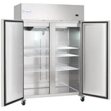 A large Empura Refrigeration commercial refrigerator with two open doors reveals multiple empty white wire shelves. The reach-in refrigerator is equipped with four caster wheels, a digital display, and “Empura” branding on the top left corner.