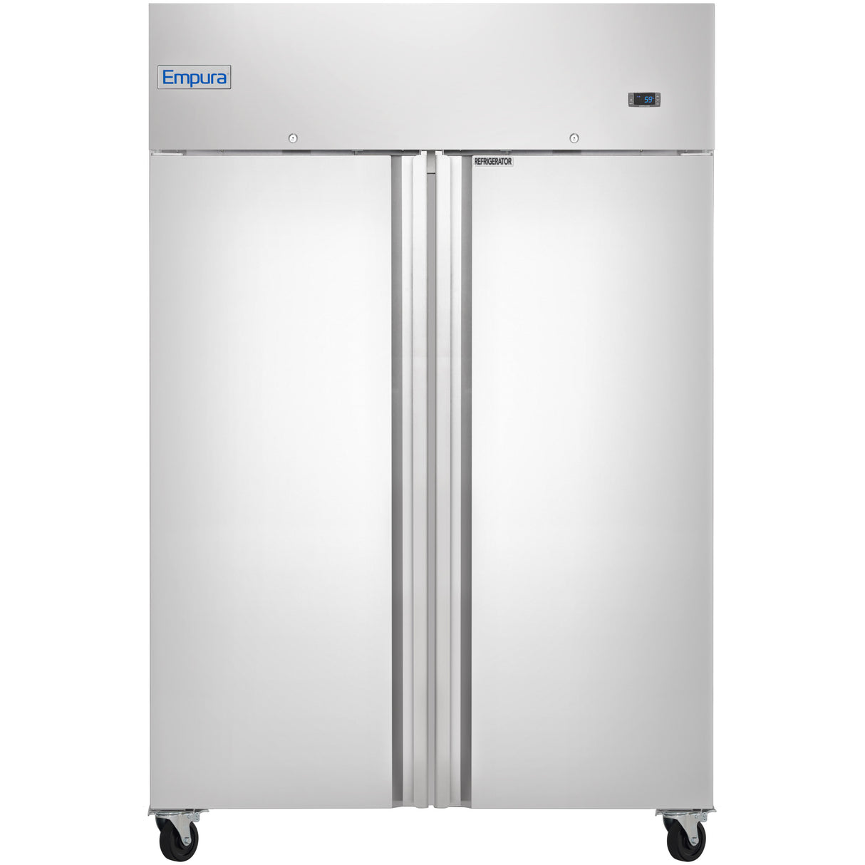 A commercial Reach-In Refrigerator on wheels, this Empura Refrigeration unit features a stainless steel double-door design, digital display on the top right, and vertical handles—ideal for sleek, professional kitchens.