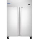 A commercial Reach-In Refrigerator on wheels, this Empura Refrigeration unit features a stainless steel double-door design, digital display on the top right, and vertical handles—ideal for sleek, professional kitchens.