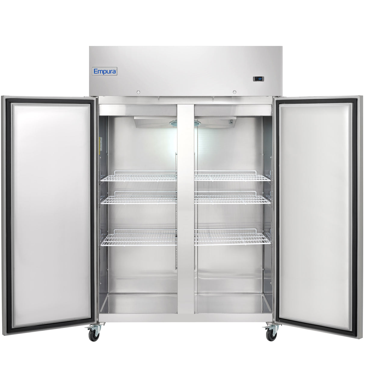 A large Empura Refrigeration reach-in refrigerator with double doors open reveals six empty wire shelves. The commercial refrigerator sits on caster wheels and features a digital display on the top right, with the Empura brand name on the upper left.