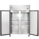 A large Empura Refrigeration reach-in refrigerator with double doors open reveals six empty wire shelves. The commercial refrigerator sits on caster wheels and features a digital display on the top right, with the Empura brand name on the upper left.