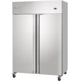 This Empura Refrigeration reach-in commercial refrigerator features a large, upright stainless steel design with two doors, four wheels, a digital control panel, and a reflective surface. The Empura logo is displayed on the upper left corner.