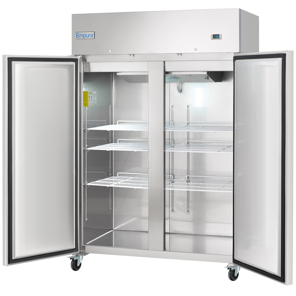 A large Empura Refrigeration commercial refrigerator with both doors open reveals empty wire shelves inside. This reach-in refrigerator features casters for mobility, a digital control panel on the upper front, and an Empura label on the door.