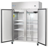A large Empura Refrigeration commercial refrigerator with both doors open reveals empty wire shelves inside. This reach-in refrigerator features casters for mobility, a digital control panel on the upper front, and an Empura label on the door.