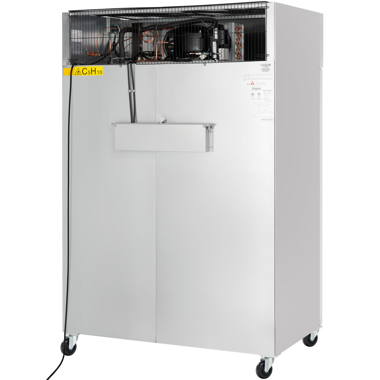 A large, industrial metal cabinet with visible wiring and components at the top. This Empura Refrigeration commercial refrigerator features a boxy shape, a power cord on the left, a yellow "AC: H10" label, and four caster wheels for mobility.