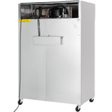 A large, industrial metal cabinet with visible wiring and components at the top. This Empura Refrigeration commercial refrigerator features a boxy shape, a power cord on the left, a yellow "AC: H10" label, and four caster wheels for mobility.