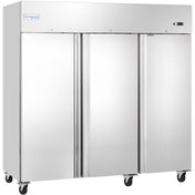 A large Empura 3 door commercial refrigerator with stainless steel finish features separate vertical doors, long handles, sturdy wheels for mobility, and a small digital display on the top right corner—perfect as a reach-in refrigerator for busy kitchens.