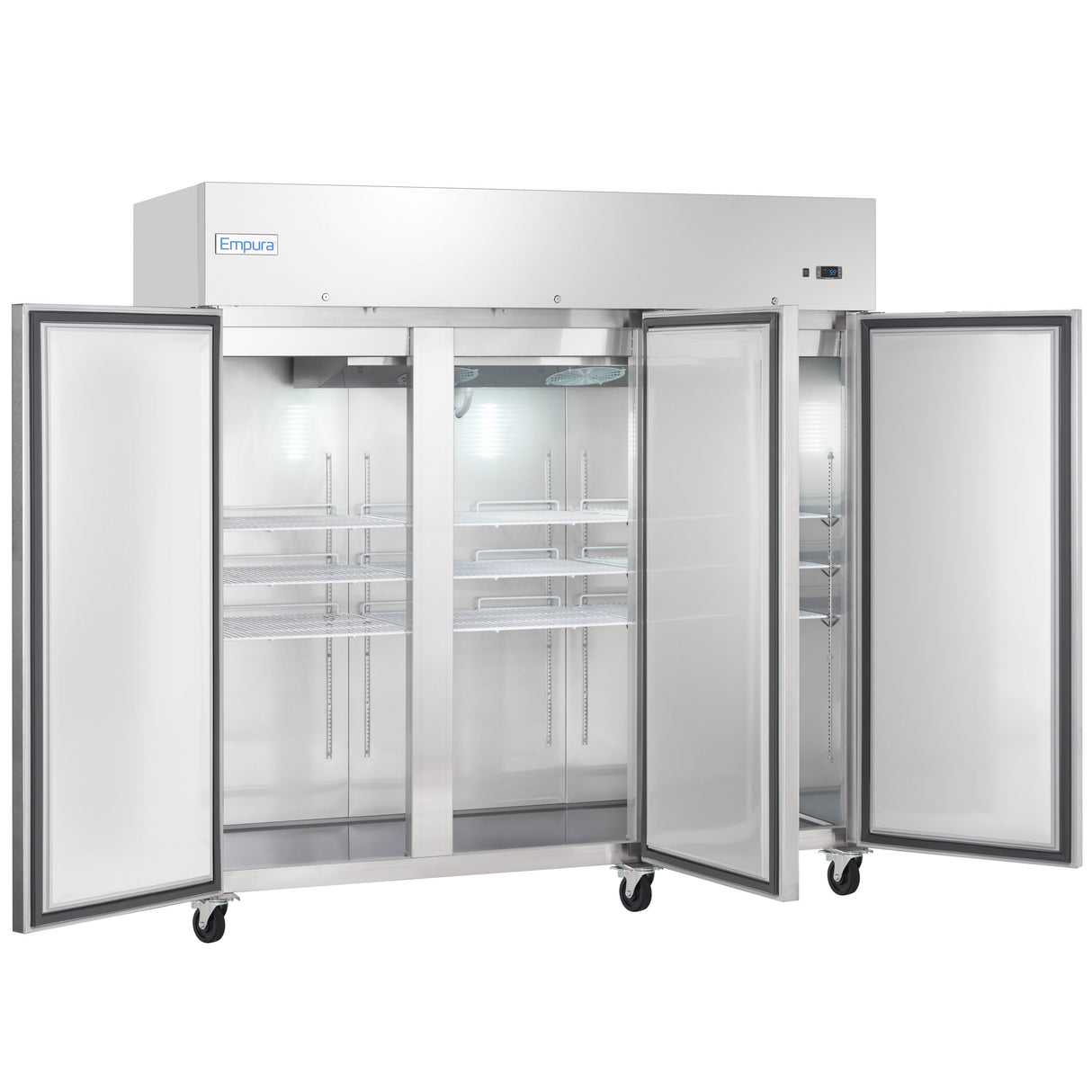 A large stainless steel reach-in commercial refrigerator with four open doors reveals empty wire shelves inside. The unit is on wheels for easy mobility, features the Empura brand name, and has a brightly lit, spotless interior.