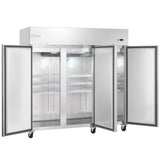 A large stainless steel reach-in commercial refrigerator with four open doors reveals empty wire shelves inside. The unit is on wheels for easy mobility, features the Empura brand name, and has a brightly lit, spotless interior.