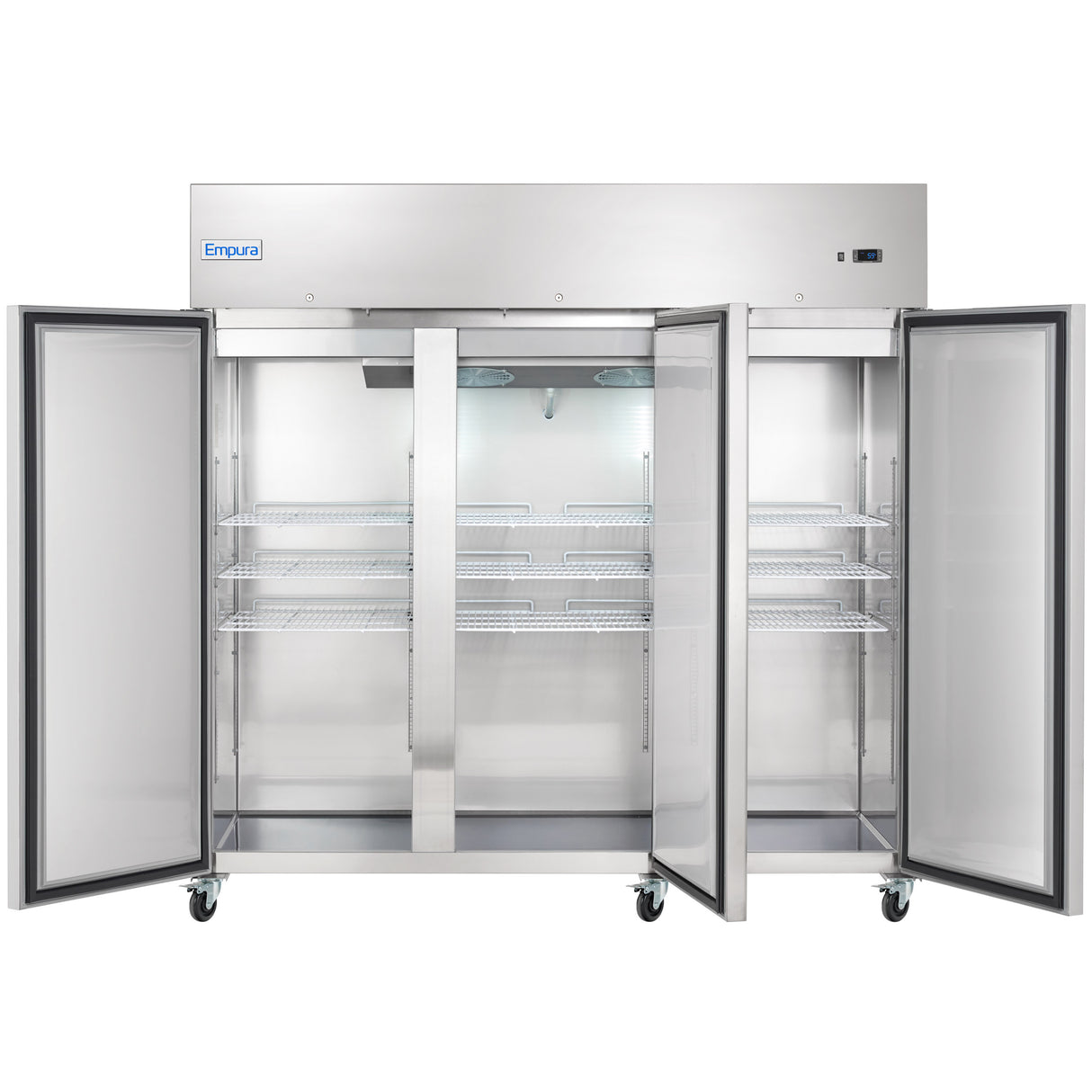 A large commercial refrigerator with double doors wide open reveals six wire shelves inside. The reach-in refrigerator is on four wheels, features a top right control panel, and bright interior lighting at the top center.