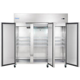 A large commercial refrigerator with double doors wide open reveals six wire shelves inside. The reach-in refrigerator is on four wheels, features a top right control panel, and bright interior lighting at the top center.