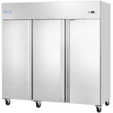 A large, commercial reach-in refrigerator with three vertical doors, mounted on four caster wheels. The top panel features the Empura logo and a small digital control display on the right side.