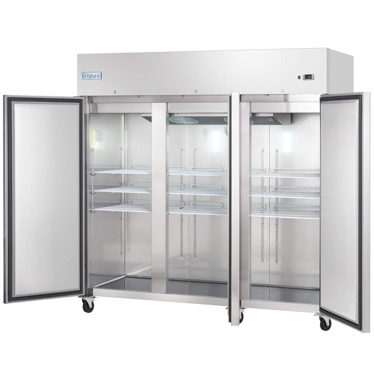 A large commercial reach-in refrigerator with two glass doors open reveals multiple empty wire shelves inside. The unit has four wheels, a small digital display on the upper right, and the Empura logo on the upper left.