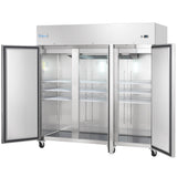 A large commercial reach-in refrigerator with two glass doors open reveals multiple empty wire shelves inside. The unit has four wheels, a small digital display on the upper right, and the Empura logo on the upper left.