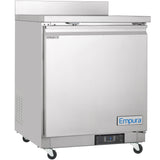 A stainless steel Empura Refrigeration work top refrigerator on wheels features a single front door, digital display near the bottom, blue logo, flat top, side vent, and an upper left label reading Refrigerator.