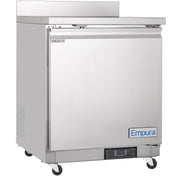 A stainless steel Empura Refrigeration work top refrigerator on wheels features a single front door, digital display near the bottom, blue logo, flat top, side vent, and an upper left label reading Refrigerator.