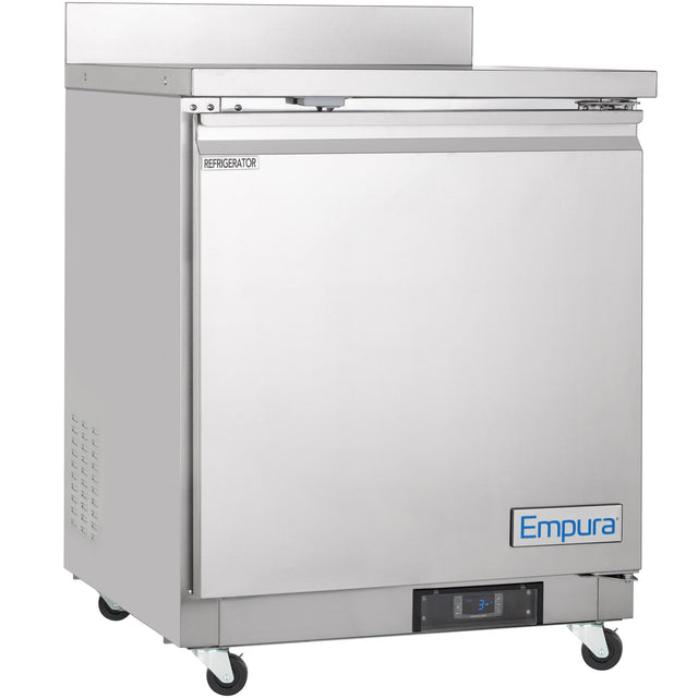 A stainless steel Empura Refrigeration work top refrigerator on wheels features a single front door, digital display near the bottom, blue logo, flat top, side vent, and an upper left label reading Refrigerator.