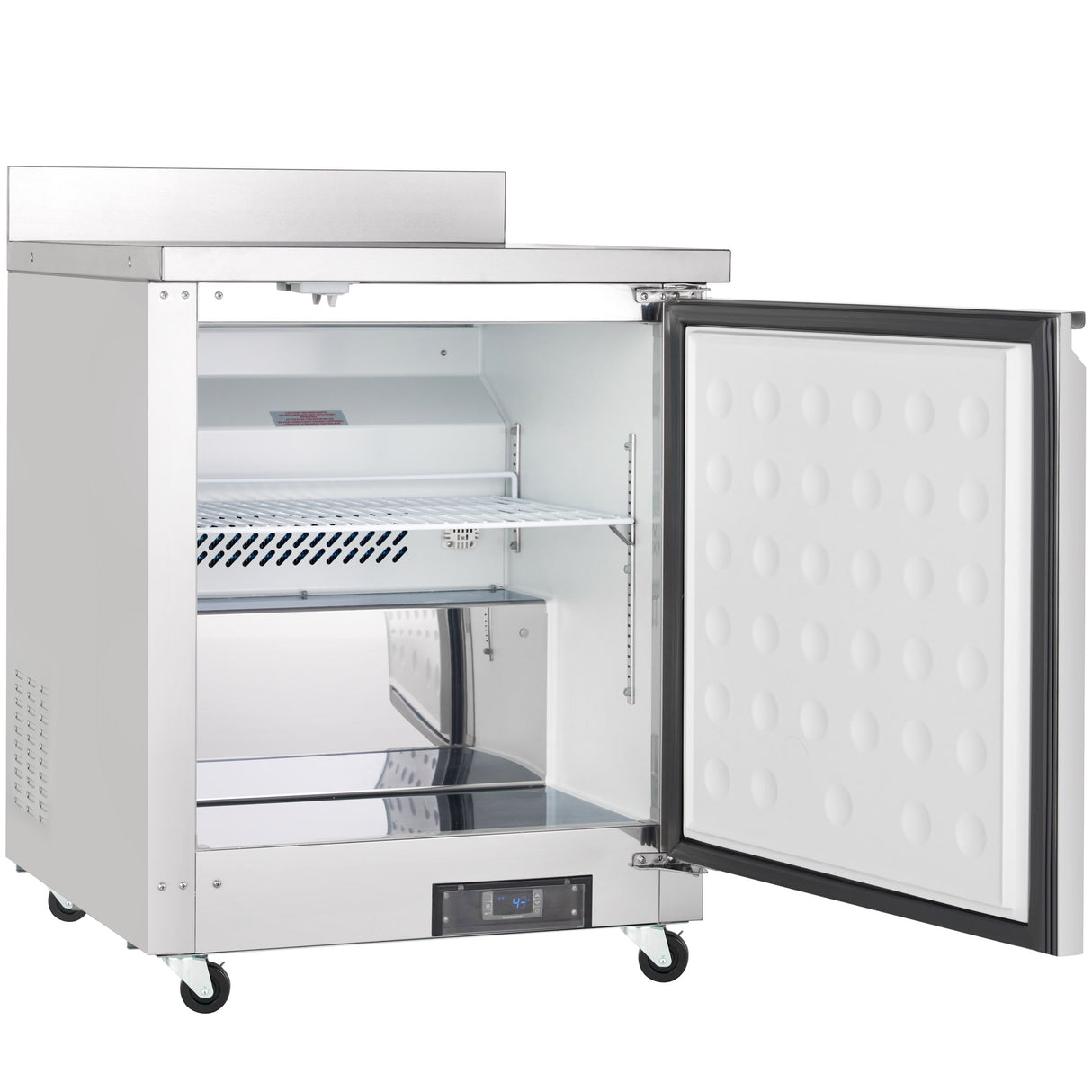 A commercial Empura Refrigeration undercounter reach-in refrigerator with an open door reveals metal wire shelves inside. The fridge is on wheels, includes a digital control panel below, and boasts a clean, modern interior with reflective surfaces.