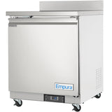 A stainless steel Empura Refrigeration work top refrigerator on four caster wheels, featuring a single front door, flat top with an elevated rear edge, digital control panel at the bottom, and an Empura label on the front.