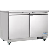 A commercial Empura Refrigeration undercounter reach-in refrigerator with two doors, mounted on caster wheels. The left door has a REFRIGERATOR label, the right door the Empura logo, and a digital control panel sits at the bottom right of this 48.2"W refrigerator.