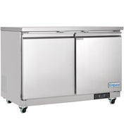 A commercial Empura Refrigeration undercounter reach-in refrigerator with two doors, mounted on caster wheels. The left door has a REFRIGERATOR label, the right door the Empura logo, and a digital control panel sits at the bottom right of this 48.2"W refrigerator.