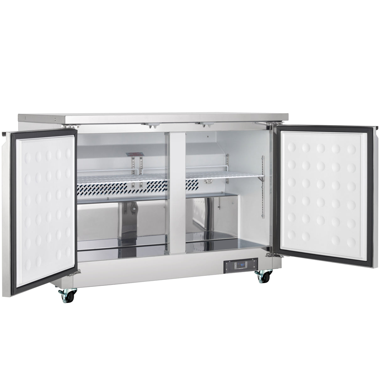 An Empura Refrigeration 48.2"W Undercounter Reach-In Refrigerator with two open stainless steel doors reveals empty shelves, a rear cooling vent, digital control panel below, and four wheels for easy mobility.