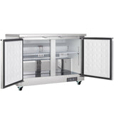 An Empura Refrigeration 48.2"W Undercounter Reach-In Refrigerator with two open stainless steel doors reveals empty shelves, a rear cooling vent, digital control panel below, and four wheels for easy mobility.