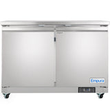 A commercial Empura Refrigeration 48.2"W undercounter reach-in refrigerator on wheels, featuring two doors, a flat top, and a digital control panel at the bottom right. The clean, reflective stainless steel surface displays the Empura brand name and Refrigerator label.