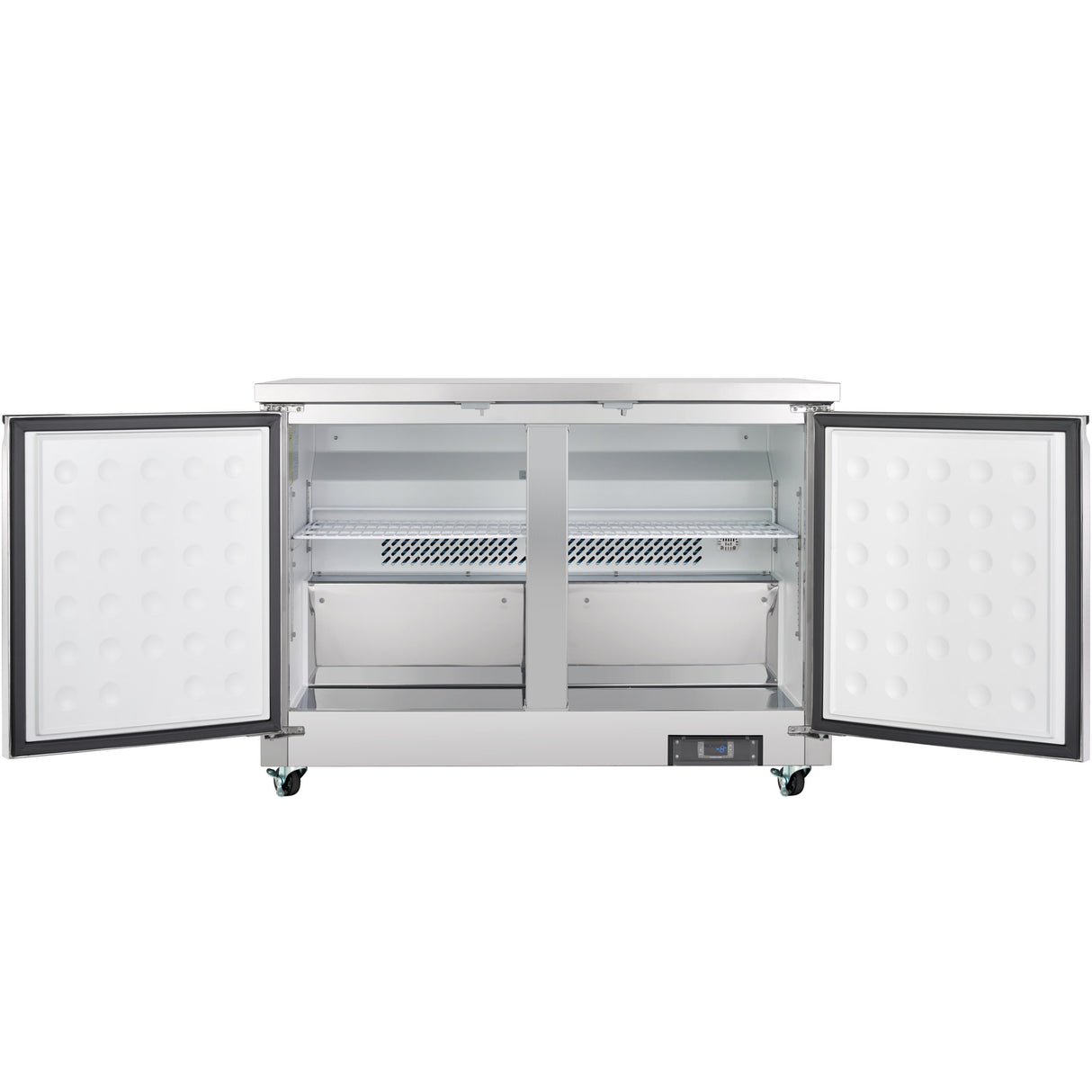 A sleek Empura Refrigeration 48.2"W Refrigerator with two wide doors open reveals an empty, stainless steel interior with metal shelves and a vented panel. This industrial undercounter reach-in refrigerator stands on four wheels for easy mobility.