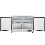 A sleek Empura Refrigeration 48.2"W Refrigerator with two wide doors open reveals an empty, stainless steel interior with metal shelves and a vented panel. This industrial undercounter reach-in refrigerator stands on four wheels for easy mobility.