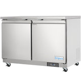 The Empura Refrigeration 48.2"W Undercounter Reach-In Refrigerator features two swing doors, a digital temperature display, and four caster wheels. Its stainless steel, flat-top design and front logo give it a modern, industrial look.