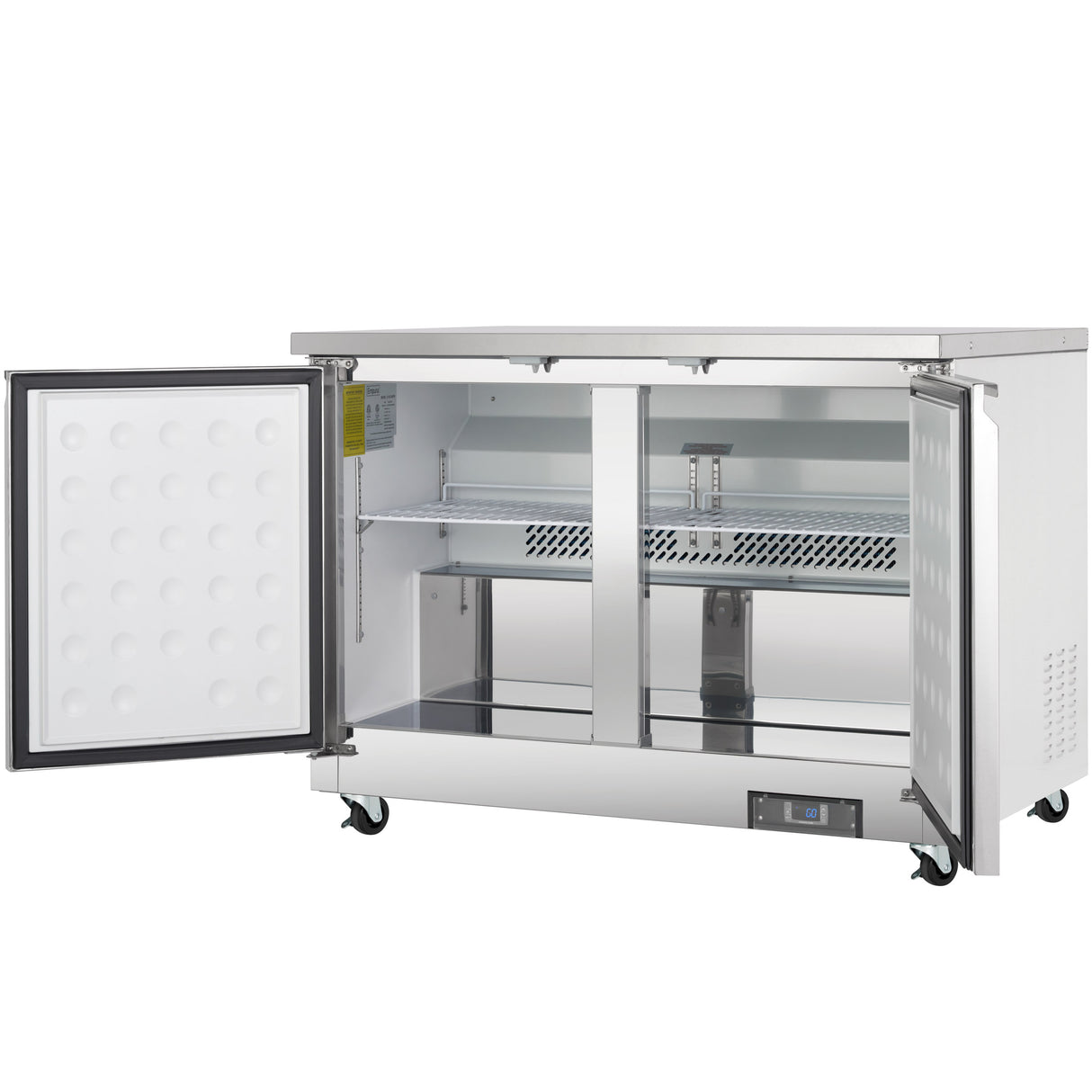 A stainless steel Empura Refrigeration undercounter reach-in refrigerator with two open hinged doors, revealing empty shelves and interior space. This 48.2"W refrigerator is on four wheels for mobility and features a digital control panel near the base on the right side.