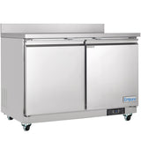 A large Empura Refrigeration undercounter reach-in refrigerator with 2 swing solid doors, a solid top, four wheels, and a digital display at the bottom right. The Empura logo is near the bottom and it is set against a white background.