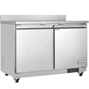 A large Empura Refrigeration undercounter reach-in refrigerator with 2 swing solid doors, a solid top, four wheels, and a digital display at the bottom right. The Empura logo is near the bottom and it is set against a white background.