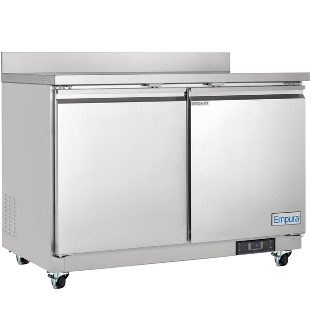 A large Empura Refrigeration undercounter reach-in refrigerator with 2 swing solid doors, a solid top, four wheels, and a digital display at the bottom right. The Empura logo is near the bottom and it is set against a white background.