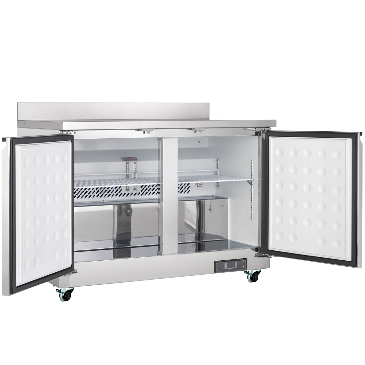 An Empura Refrigeration undercounter reach-in refrigerator with 2 swing solid doors open, revealing an empty interior with metal shelves and a ventilation panel. It stands on four wheels and features a digital control panel at the bottom right corner.