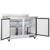 An Empura Refrigeration undercounter reach-in refrigerator with 2 swing solid doors open, revealing an empty interior with metal shelves and a ventilation panel. It stands on four wheels and features a digital control panel at the bottom right corner.
