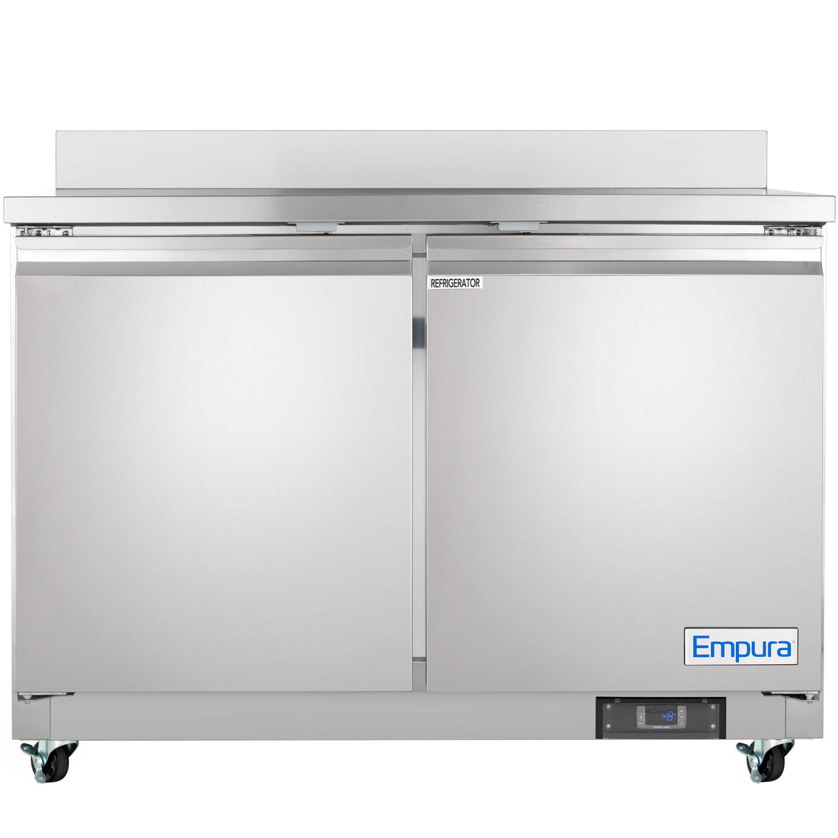 The Empura E-KUC48W is a commercial stainless steel work top refrigerator with two doors, mounted on four wheels. It features a digital display panel, raised backsplash, smooth reflective surface, and the Empura logo on the front.