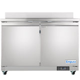 The Empura E-KUC48W is a commercial stainless steel work top refrigerator with two doors, mounted on four wheels. It features a digital display panel, raised backsplash, smooth reflective surface, and the Empura logo on the front.