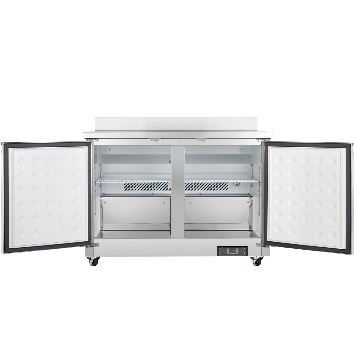 An Empura Refrigeration Undercounter Reach-In Refrigerator with 2 swing solid doors stands open, showing empty white shelves, visible insulation dots, and a lower vent. Four green casters support this clean, commercial unit.