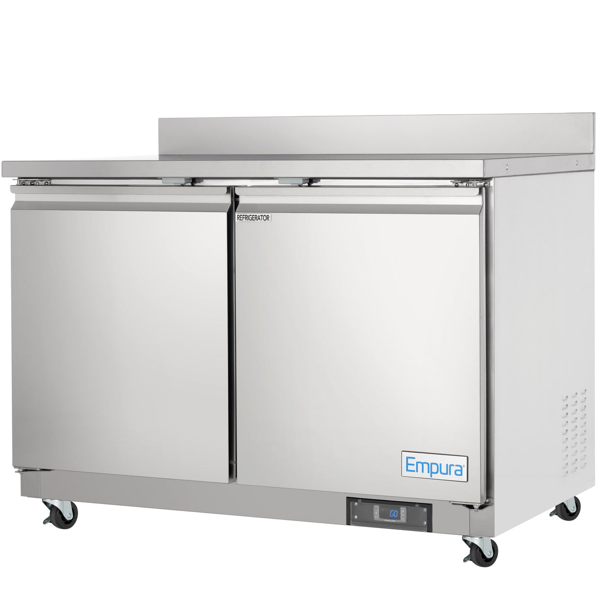 The Empura E-KUC48W is a commercial stainless steel undercounter reach-in refrigerator on wheels, featuring a flat work top and a small digital temperature display at the bottom right. The Empura logo is visible on the clean, reflective lower right door.