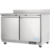 The Empura E-KUC48W is a commercial stainless steel undercounter reach-in refrigerator on wheels, featuring a flat work top and a small digital temperature display at the bottom right. The Empura logo is visible on the clean, reflective lower right door.